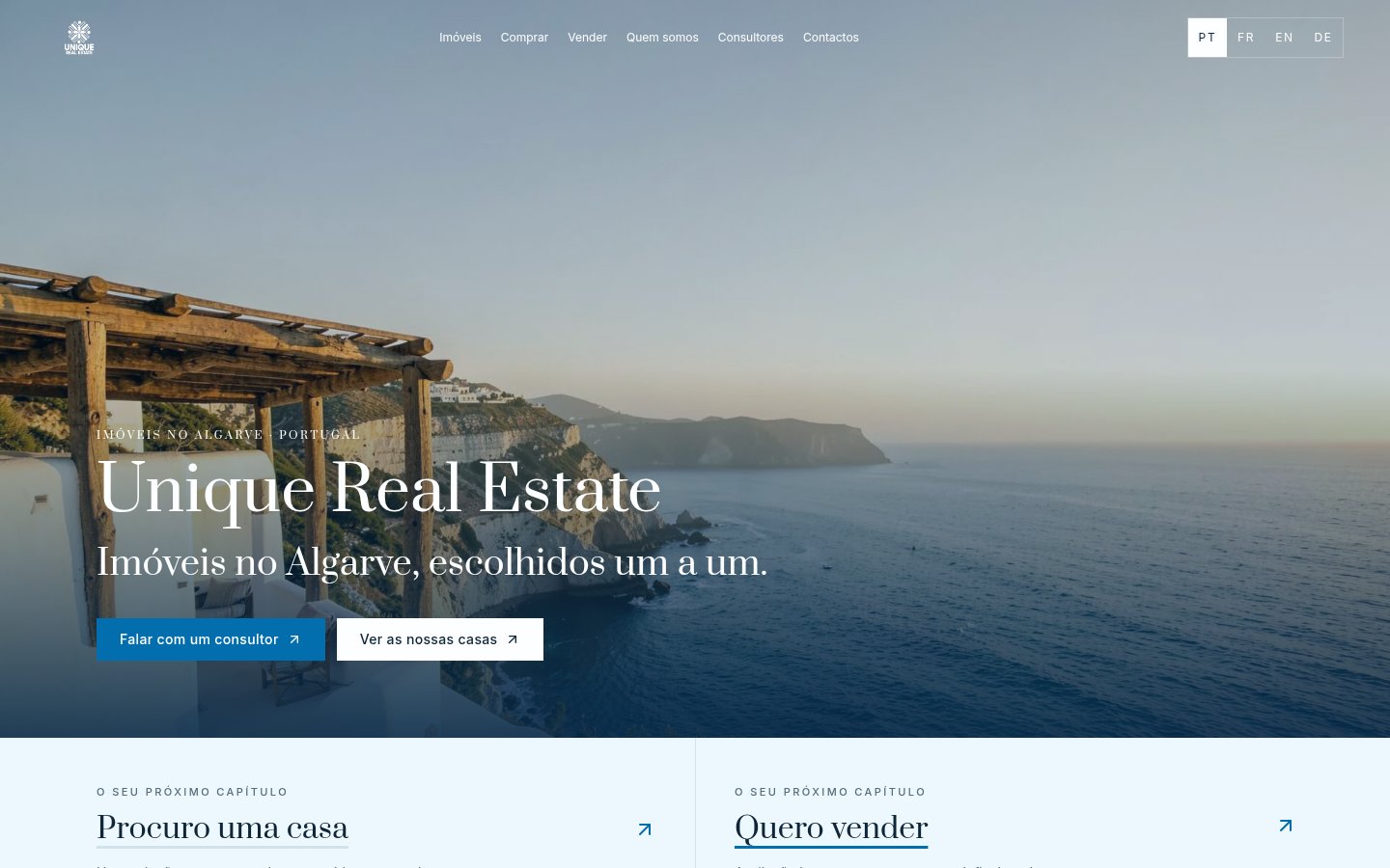 Unique Real Estate — An Algarve estate agency's public site and the staff CRM behind it: a short, curated catalogue for buyers and one place for the team to run contacts, viewings and offers.